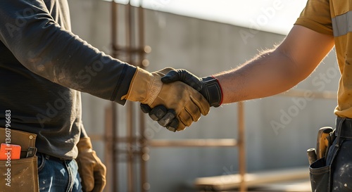 Construction workers handshake with job site.