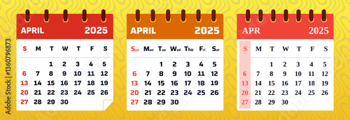 4th Month. Set of April Calendar starts on sunday. Bundle of calendar april 2025. Calendar design template for April 2025.