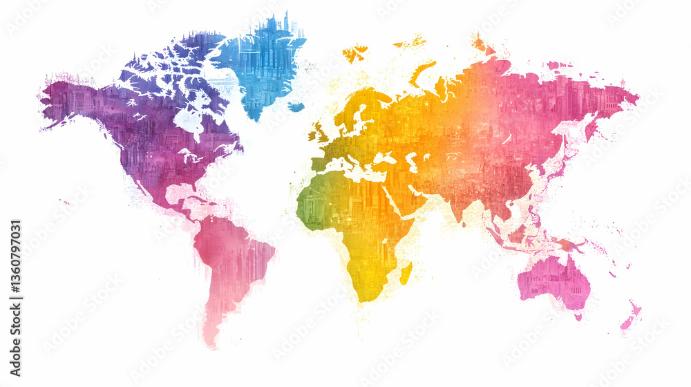 Fototapeta premium Watercolor World Map, Global Colorful Illustration