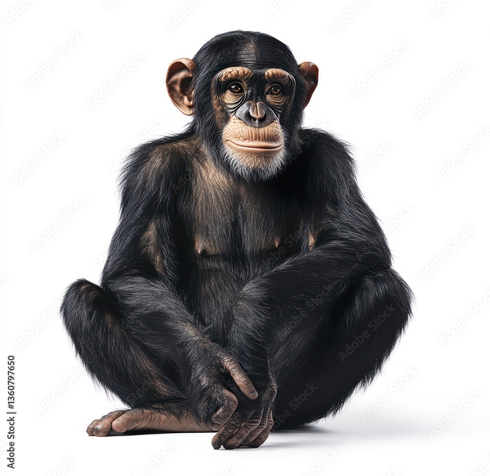 Fototapeta premium Chimpanzee Sitting Portrait on White Background with Curious Expression