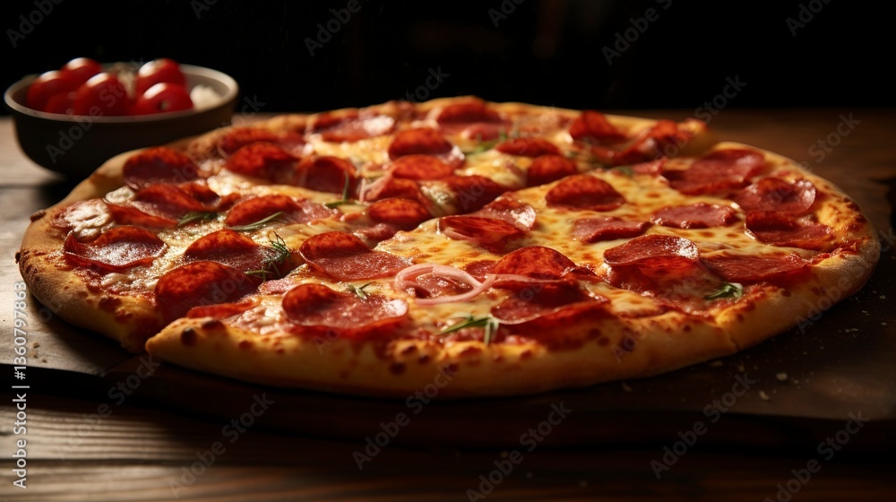 Fresh pepperoni pizza on a wooden table with ingredients in the background. Fresh pepperoni pizza on a wooden table with ingredients in the background.