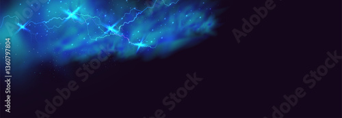 Powerful electrical current energy. Flash of lightning in a magic frame. Neon discharge in smoke effect.