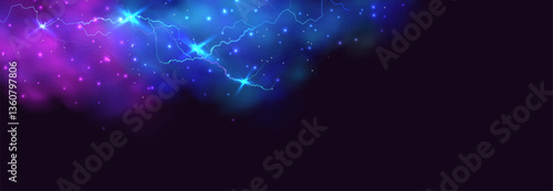 Powerful electrical current energy. Flash of lightning in a magic frame. Neon discharge in smoke effect.