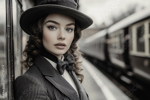 Elegant Traveler at Train Station: A captivating portrait of a woman dressed in vintage attire, standing at a train station. The photo evokes a sense of timeless elegance and old-world charm.