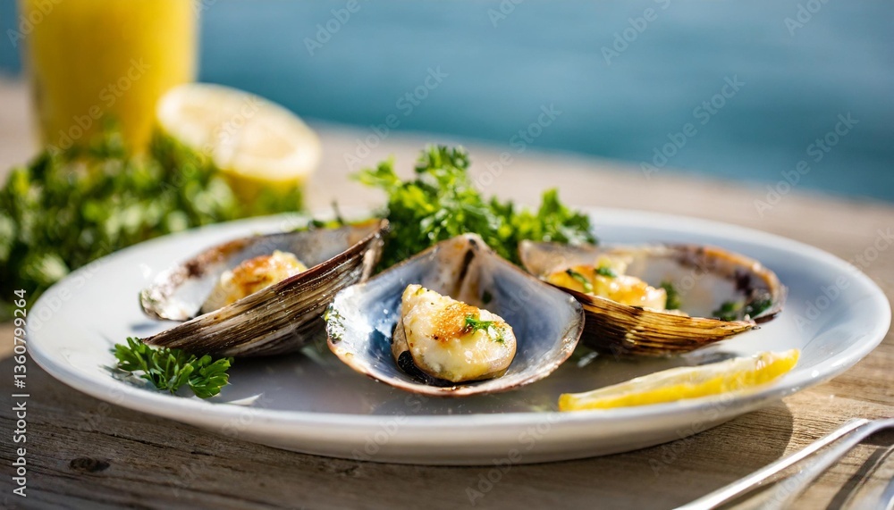 Freshly Grilled Clams with Lemon Garlic Butter Shot Sideways on White Plate in Bright Coastal Afternoon Glow Freshly Grilled Clams with Lemon Garlic Butter Shot Sideways on White Plate in Bright Coastal Afternoon Glow