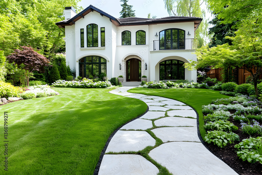 White mansion, landscaped lawn, stone path, spring White mansion, landscaped lawn, stone path, spring