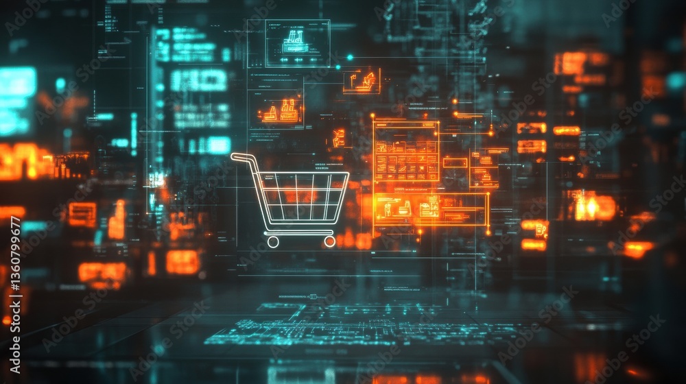 Fototapeta premium Glowing Icons for Online Shopping Cart Interface