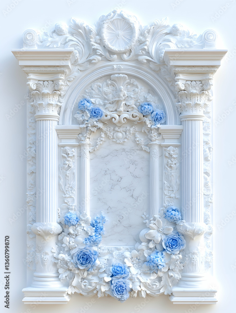 Fototapeta premium White Rococo Archway with Blue Flowers, Studio