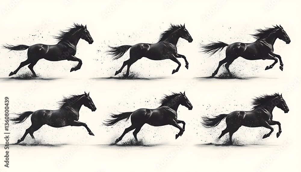 Fototapeta premium Six Black Horses Galloping Across a White Background with Speed