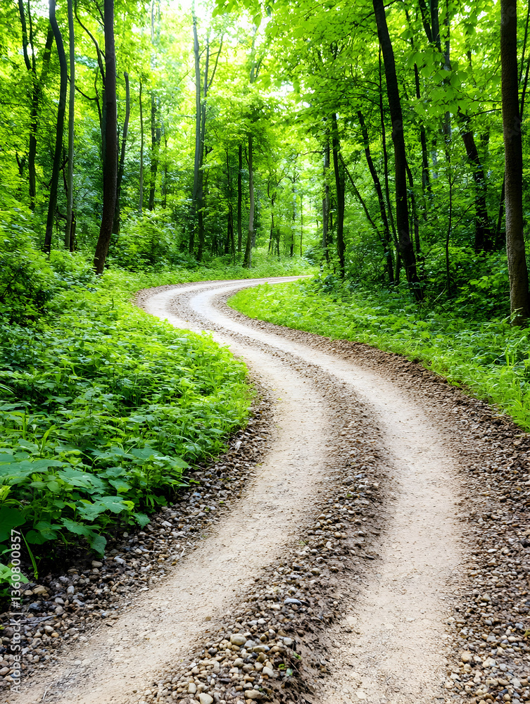 Fototapeta premium Winding dirt road through lush green forest (1)
