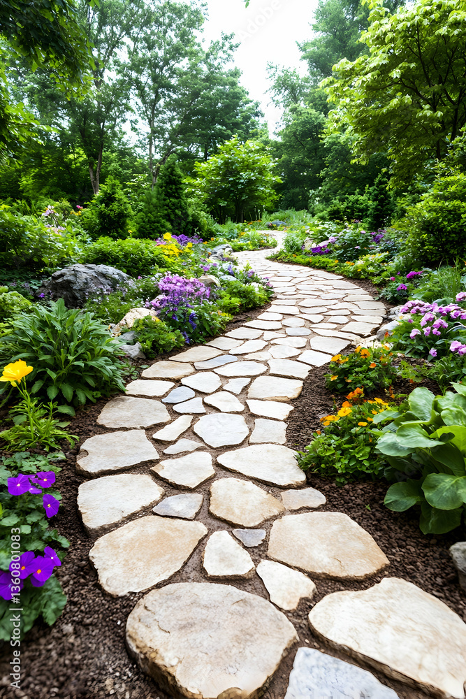Winding stone path through lush garden landscape Winding stone path through lush garden landscape