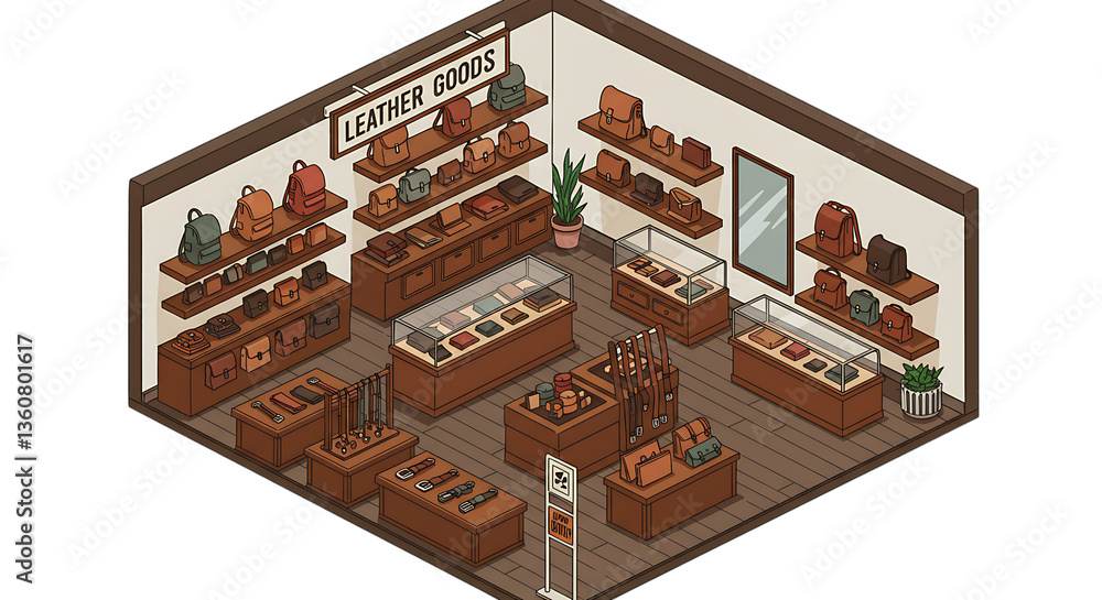 Fototapeta premium Browsing Leather Goods Store with Backpacks and Accessories on Display