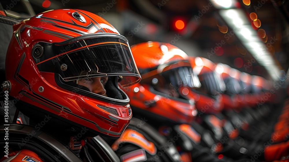 Fototapeta premium Vibrant Red Racing Helmet with Sleek Design and Reflective Visor, Positioned on a Motorcycle Against a Dynamic Background of Lights