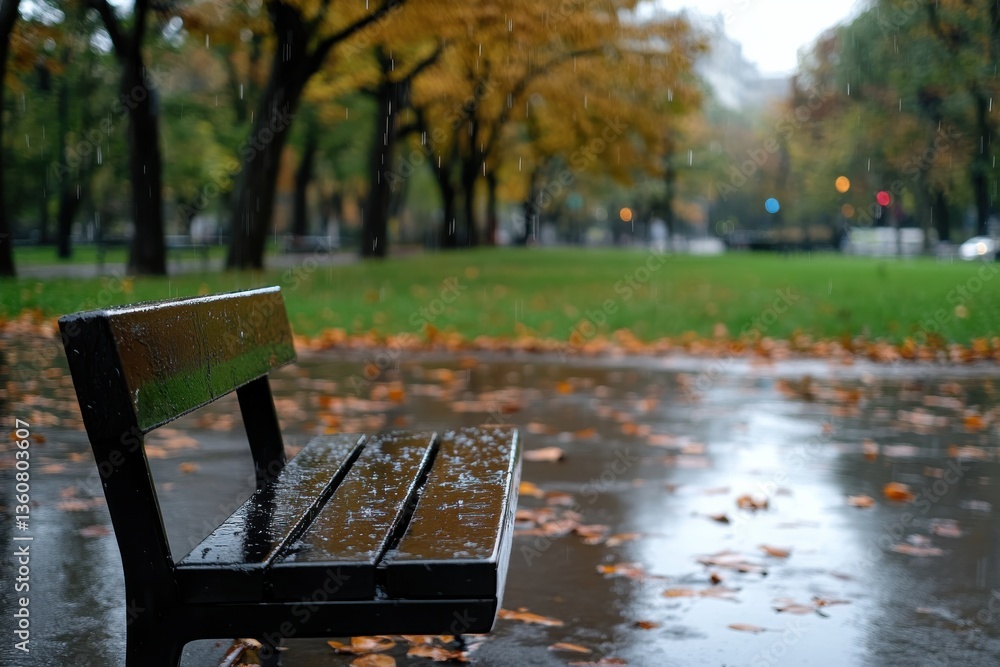 Fototapeta premium A tranquil park scene captures the essence of a rainy day, featuring a wet path covered in fallen leaves, symbolizing change and the beauty of nature.
