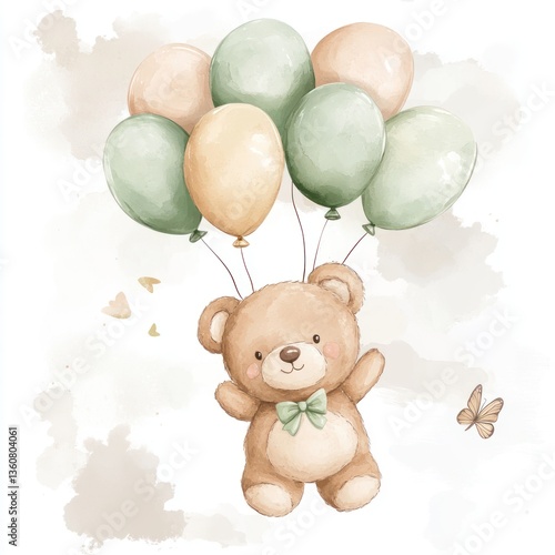 Adorable teddy bear floating amidst pastel balloons