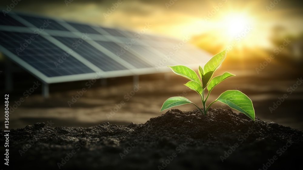 A plant sprout growing with background of solar panel farm power plant facility