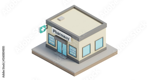 Wallpaper Mural Isometric Pharmacy Building with Cross Sign and Product Display Windows Torontodigital.ca