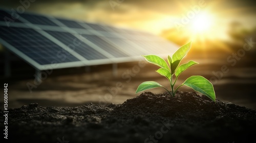 Obraz na płótnie A plant sprout growing with background of solar panel farm power plant facility w salonie