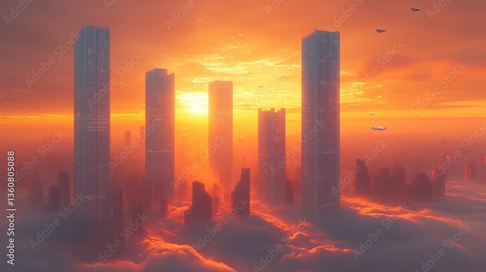 Fototapeta premium Futuristic city skyline at sunset, skyscrapers above clouds, aerial view, vibrant orange sky, flying vehicles.