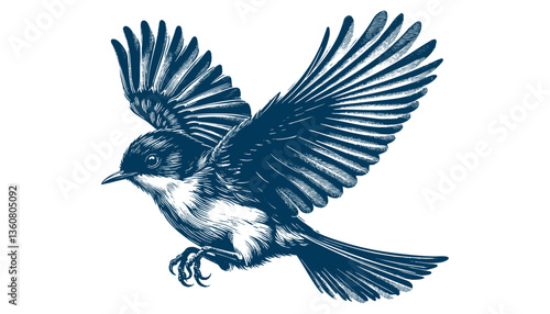 Restless flycatcher bird engraving vector illustration