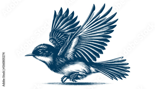 Restless flycatcher bird engraving vector illustration