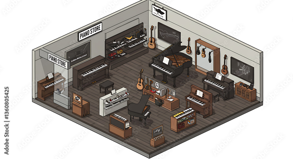 Obraz premium Isometric Piano Store Display with Instruments for Sale Illustration