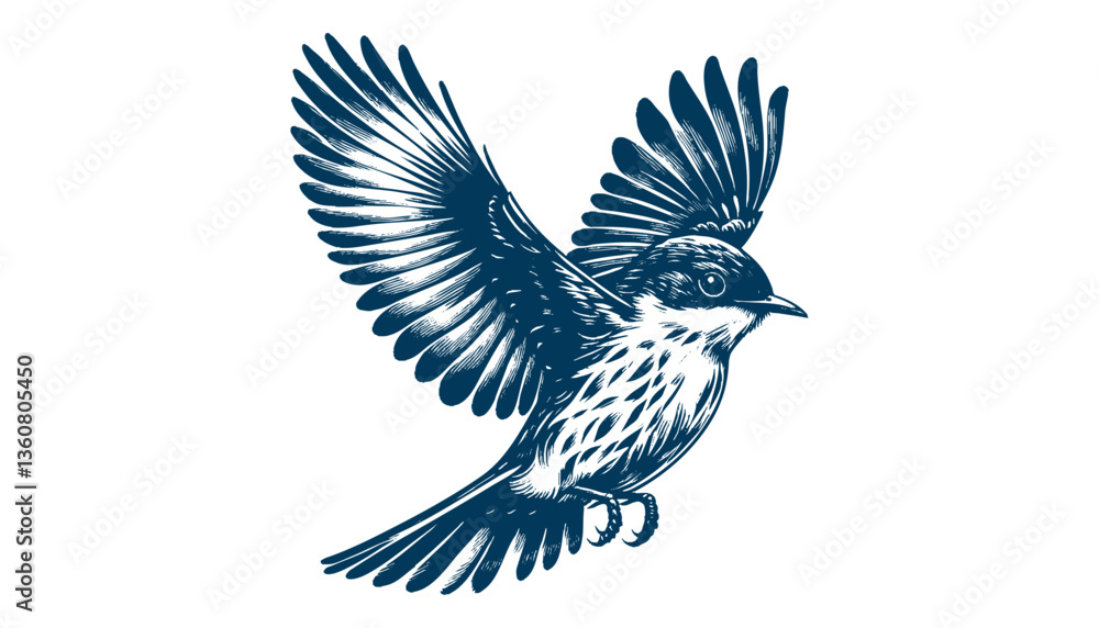 Fototapeta premium Restless flycatcher bird engraving vector illustration