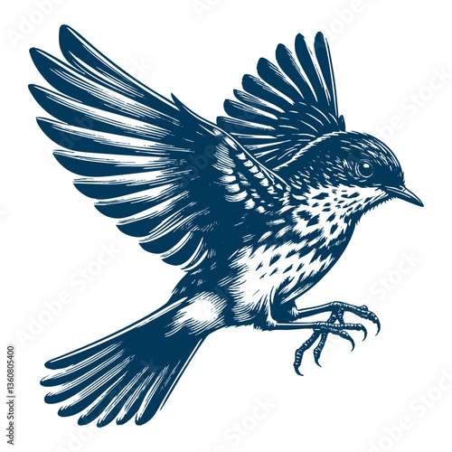 Restless flycatcher bird engraving vector illustration