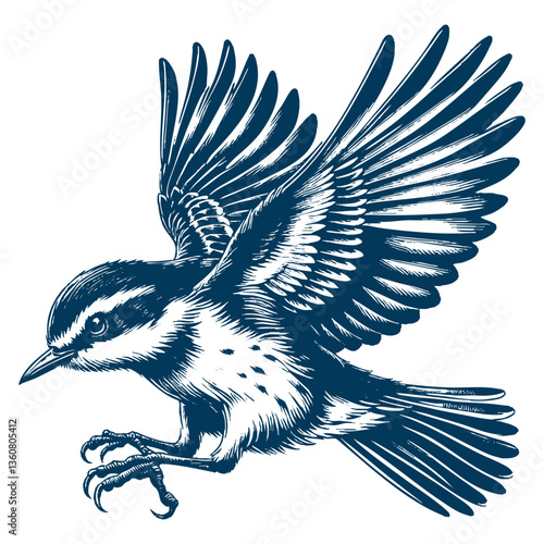 Restless flycatcher bird engraving vector illustration