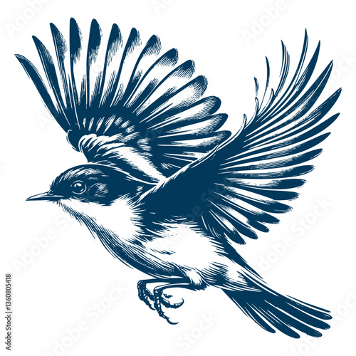 Restless flycatcher bird engraving vector illustration