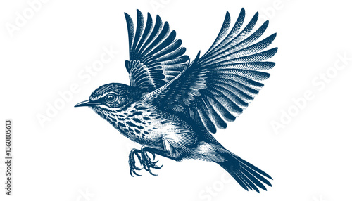 Restless flycatcher bird engraving vector illustration