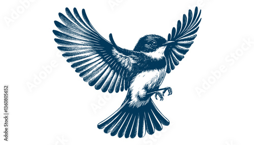 Restless flycatcher bird engraving vector illustration