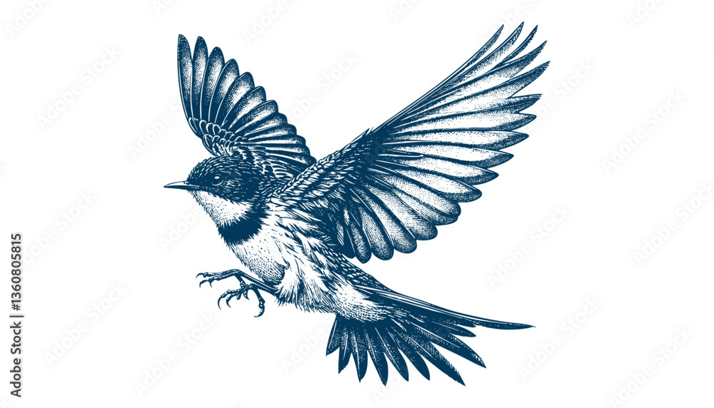 Obraz premium Restless flycatcher bird engraving vector illustration