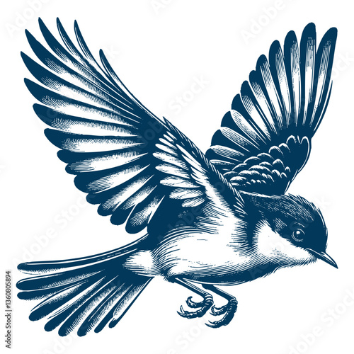 Restless flycatcher bird engraving vector illustration