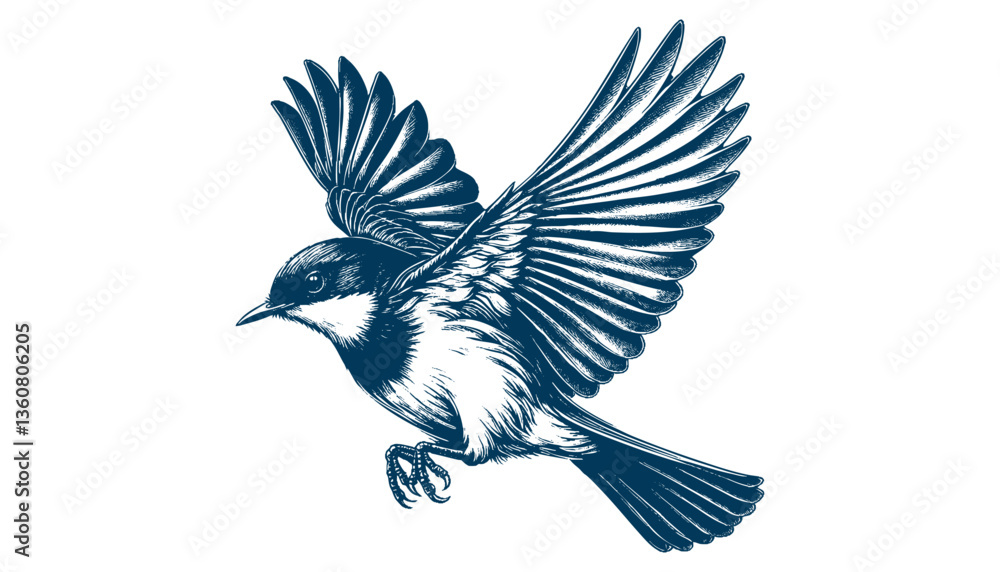 Fototapeta premium Restless flycatcher bird engraving vector illustration