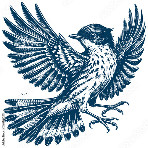 Restless flycatcher bird engraving vector illustration