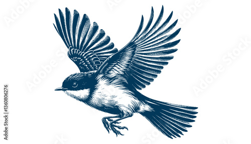 Restless flycatcher bird engraving vector illustration