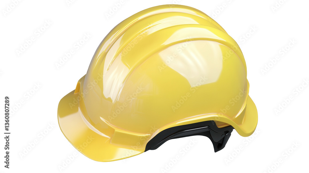 Fototapeta premium Bright yellow hard hat safety helmet used by construction workers to protect their heads on an industrial job site or building project