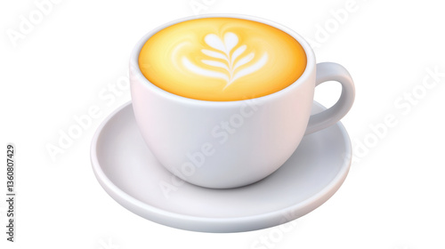 A steaming hot cup of creamy frothy latte in a clean white ceramic mug served on a matching saucer  The latte art design adds a touch of to this comforting morning beverage