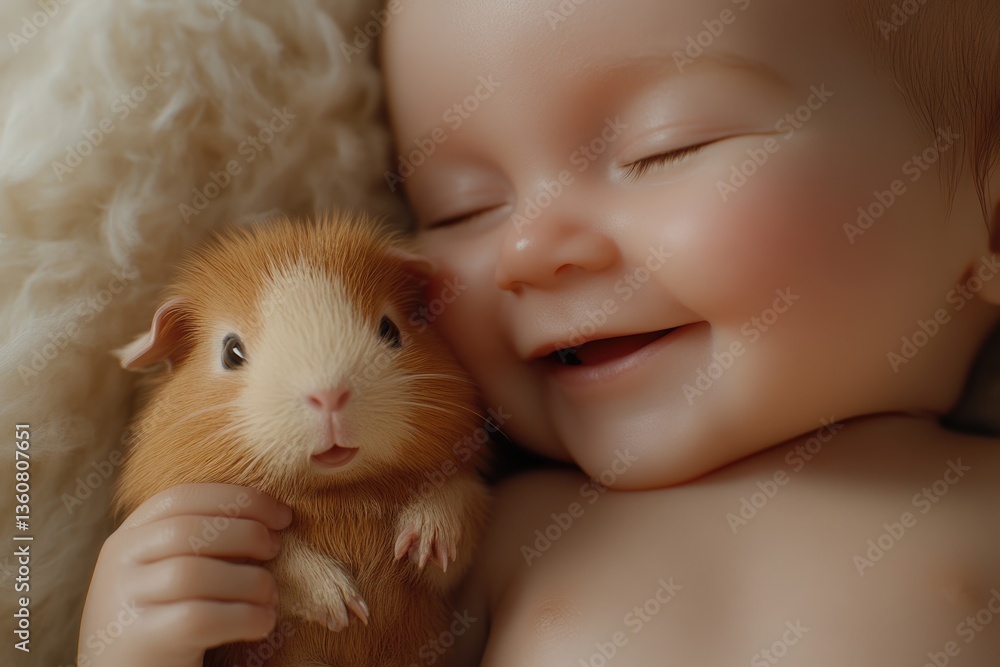 A sleeping baby peacefully cuddles a cute ginger guinea pig, creating a heartwarming scene. A sleeping baby peacefully cuddles a cute ginger guinea pig, creating a heartwarming scene.