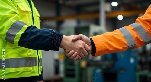 Factory workers handshake agreement.