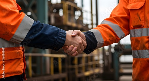 Factory workers handshake with deal.