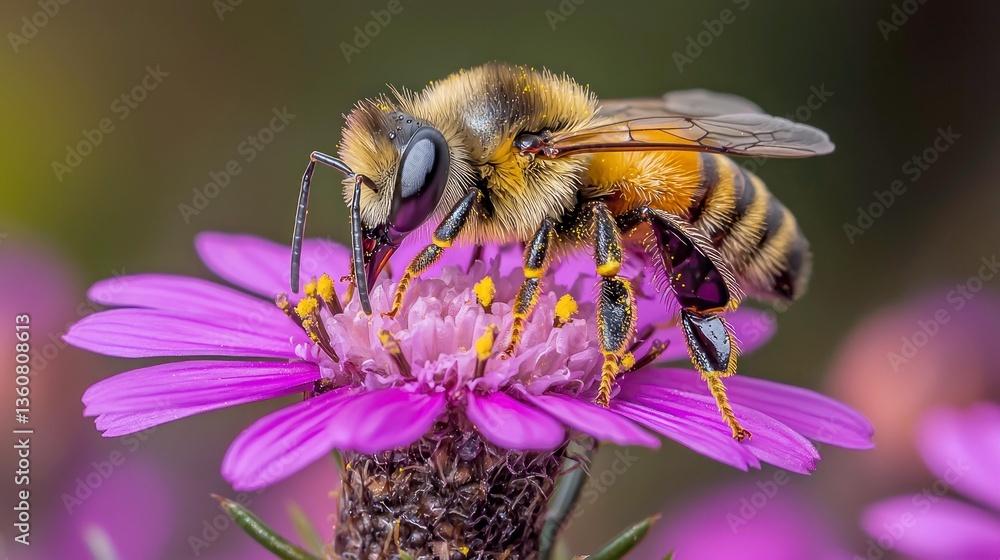 Close-up shot of a bee pollinating a vibrant purple flower. A stunning display of nature's intricate details. Close-up shot of a bee pollinating a vibrant purple flower. A stunning display of nature's intricate details.