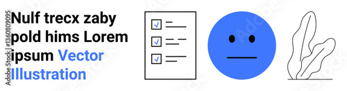 Checklist with checkboxes, neutral blue face expressing balance, abstract leafy design. Ideal for organization, emotion, decision-making, productivity, mindfulness, feedback and minimal design