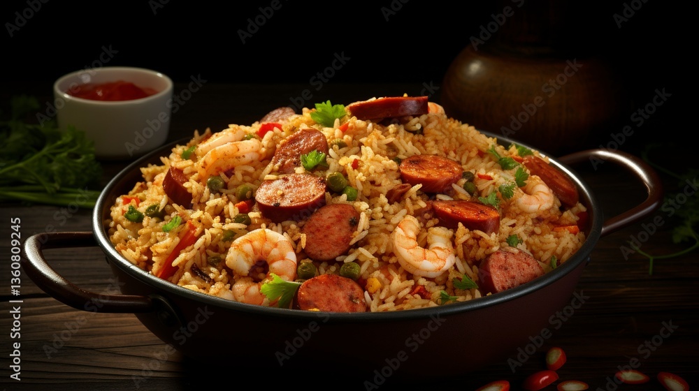 Savory jambalaya with shrimp, sausage, and vegetables in a black bowl, rustic wooden background. Savory jambalaya with shrimp, sausage, and vegetables in a black bowl, rustic wooden background.