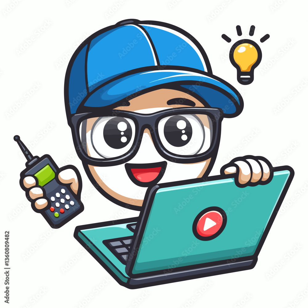 Logotipo de programador em estilo cartoon com cores vibrantes, com um emblema. Perfeito para projetos relacionados a tecnologia, programação e startups. Formato vetorial EPS10, design criativo e vibr
