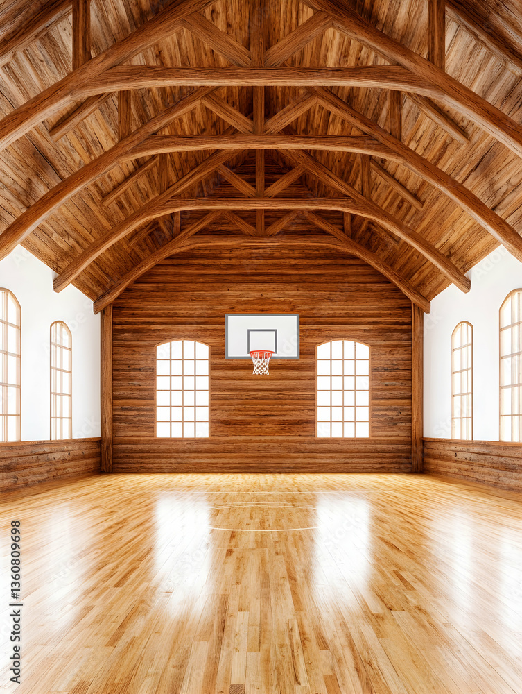 Fototapeta premium Wooden basketball court in rustic gym interior