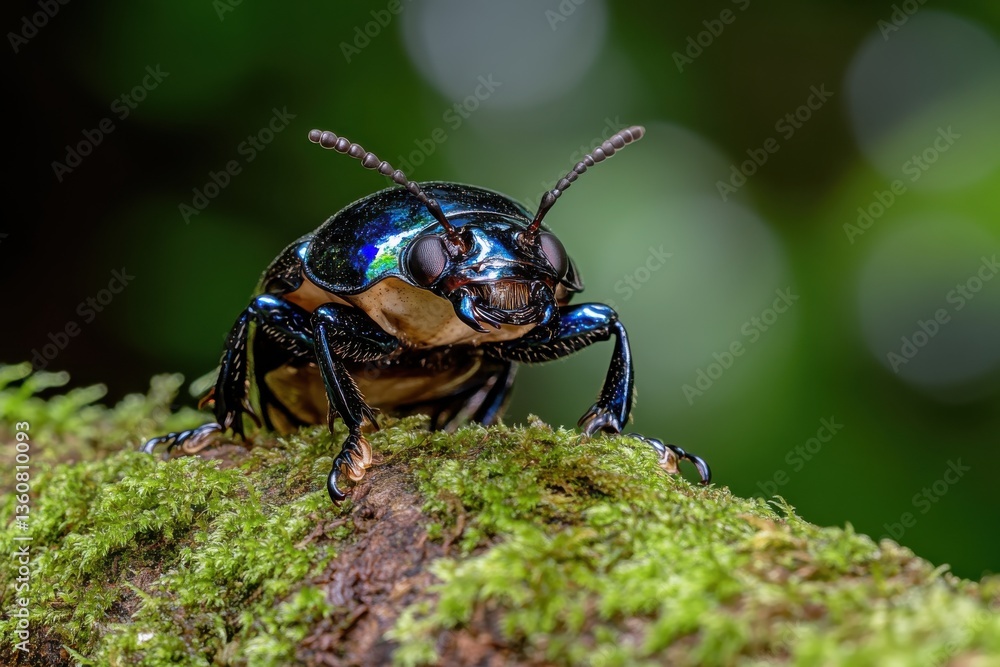 A detailed, macro shot of a shiny black beetle perched on a mossy branch, showcasing its vivid colors and intricate features against a blurred natural background. A detailed, macro shot of a shiny black beetle perched on a mossy branch, showcasing its vivid colors and intricate features against a blurred natural background.