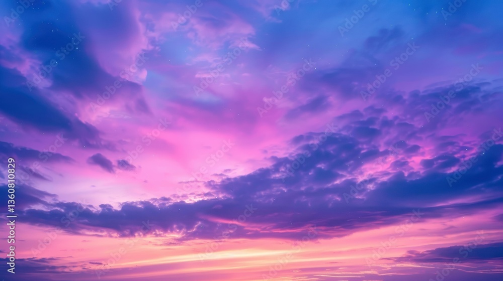 Fototapeta premium Experience the beauty of a serene evening under a purple sky, adorned with delicate cirrus clouds and twinkling stars.