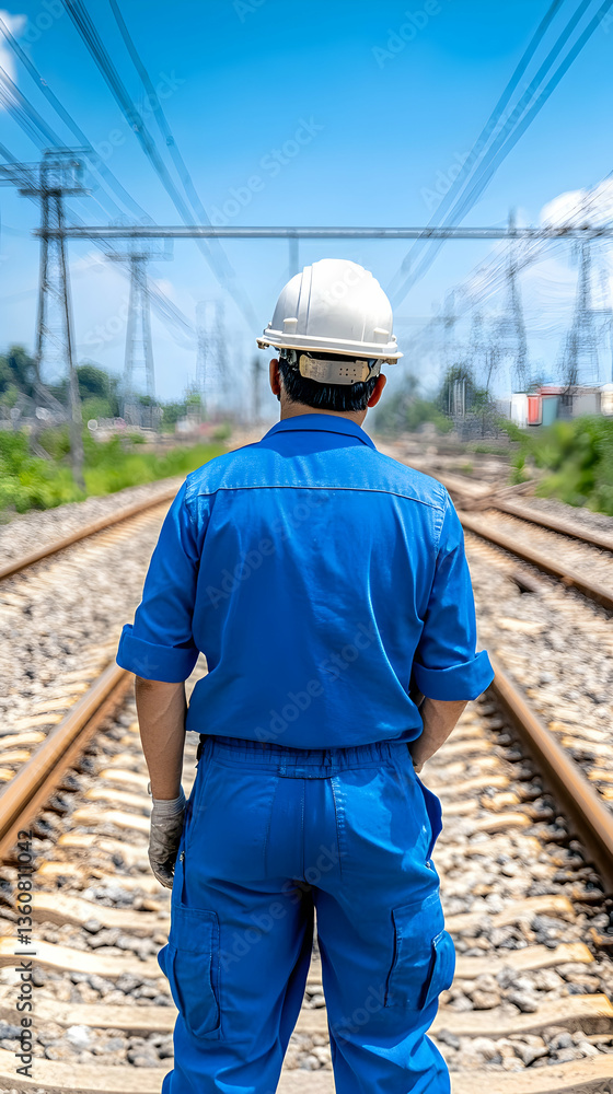 Worker on Railroad Tracks, Sunny Day Worker on Railroad Tracks, Sunny Day